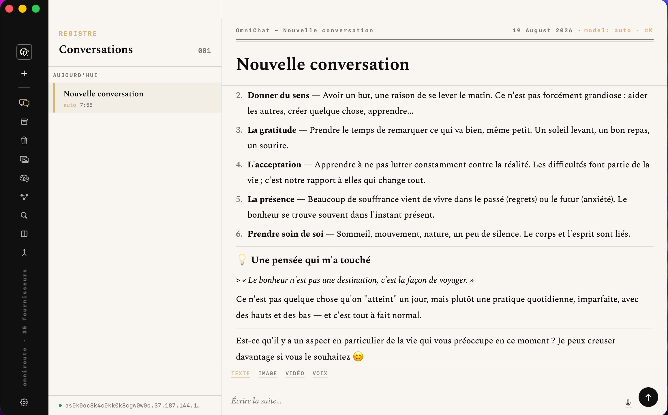 OmniChat, fil de conversation, capture d'écran réelle