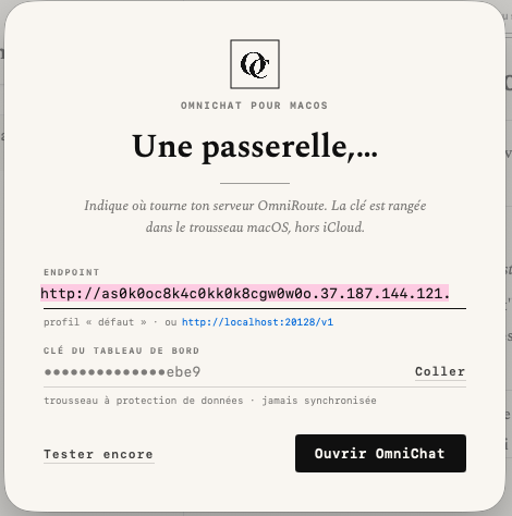 OmniChat, écran de configuration, capture d'écran réelle